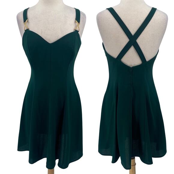 Vintage 90s Rampage Mini Dress Fit & Flare Gold Embellished Strap Green Womens 8 - Picture 1 of 9